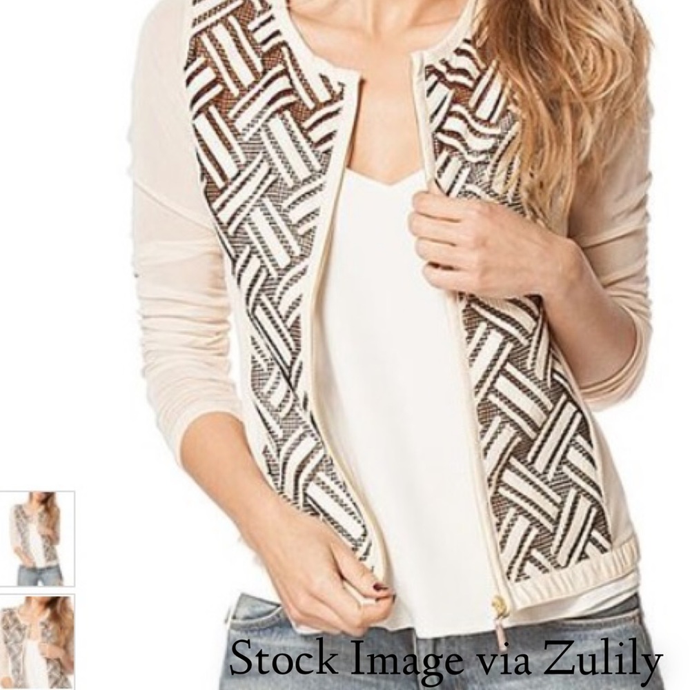 Beige Basket Print Sheer Zip-Up Jacket